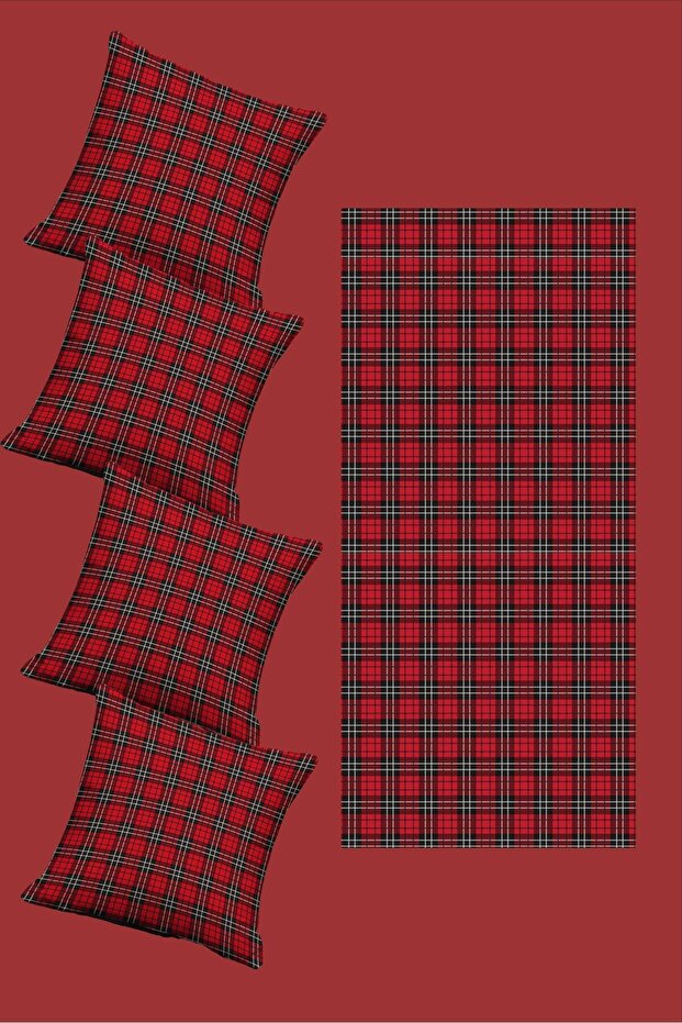 New Year's Themed Plaid Patterned Red and White Colors 4-Piece Throw Pillow Cover and Runner Set
