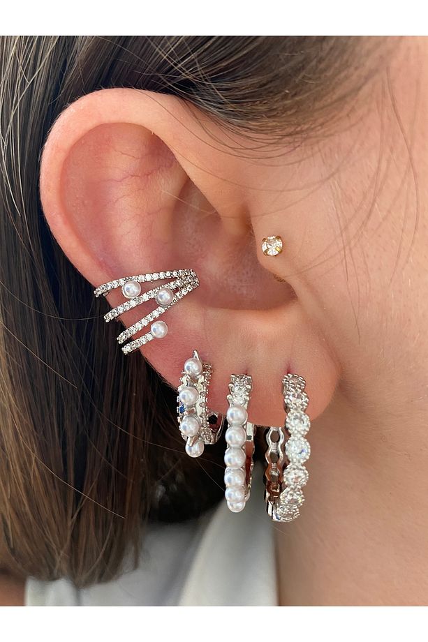 Top İncili 4 Sıra Taşlı Kadın Earcuff Kıkırdak Küpe - 4