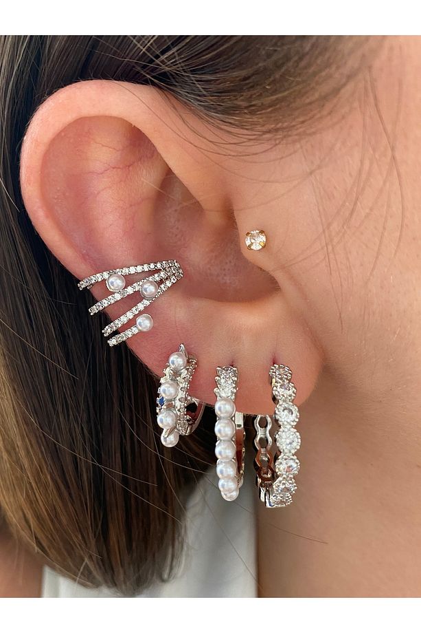 Top İncili 4 Sıra Taşlı Kadın Earcuff Kıkırdak Küpe - 1