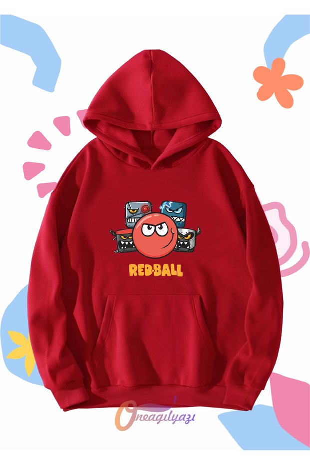 Children's Unisex Red Ball Character Printed Oversize Hooded Sweatshirt