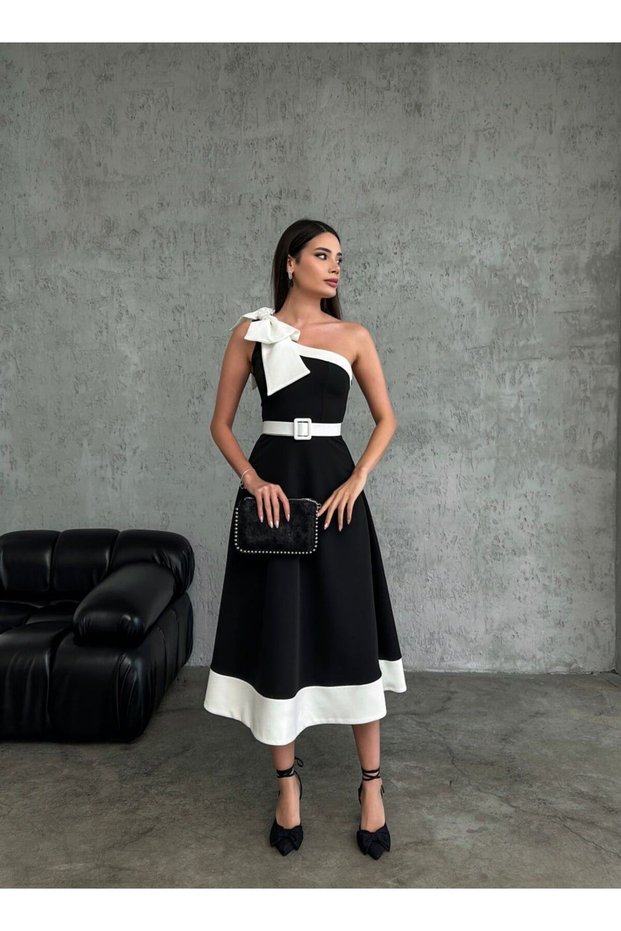 Black Midi Dress - Single Shoulder Detail