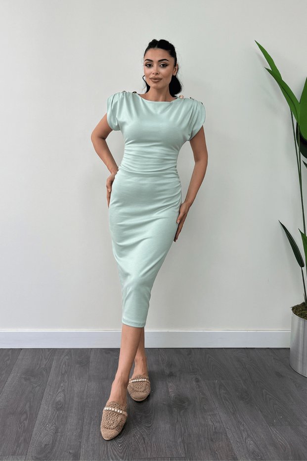 Gathered Pencil Dress with Combed Cotton Fabric Shoulder Detail - GREEN