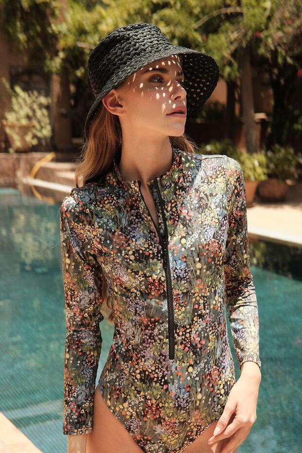 ملابس سباحة لركوب الأمواج بسحاب منقوشة بزهرة صغيرة - 3