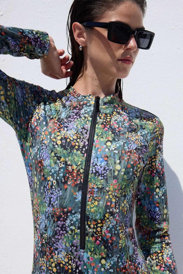 ملابس سباحة لركوب الأمواج بسحاب منقوشة بزهرة صغيرة - 8