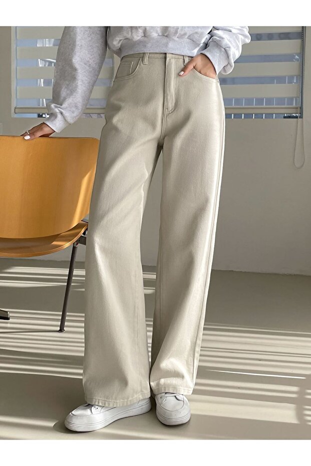 Beige Women's Denim Palazzo Wide Leg Mountain Pants