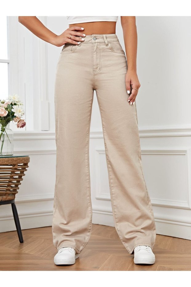 Women's Beige Women's Denim Trousers Pocket Palazzo Wide Leg Beige High Waist