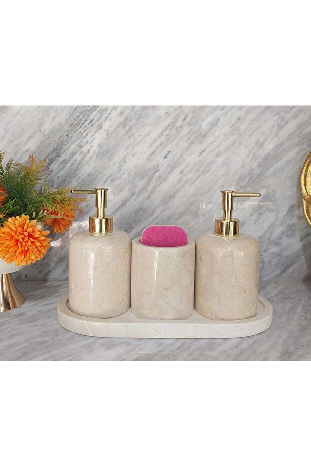 Beige marble set liquid soap dispenser - sponge - 4 pieces