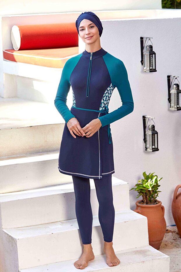 3 Different Ways to Wear Stretch Fabric Fully Covered Hijab Swimsuit Karmen 4534 Dark Navy Blue