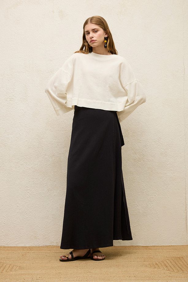 PAMUKLU GENİŞ KOL CROP BLUZ EKRU - 3