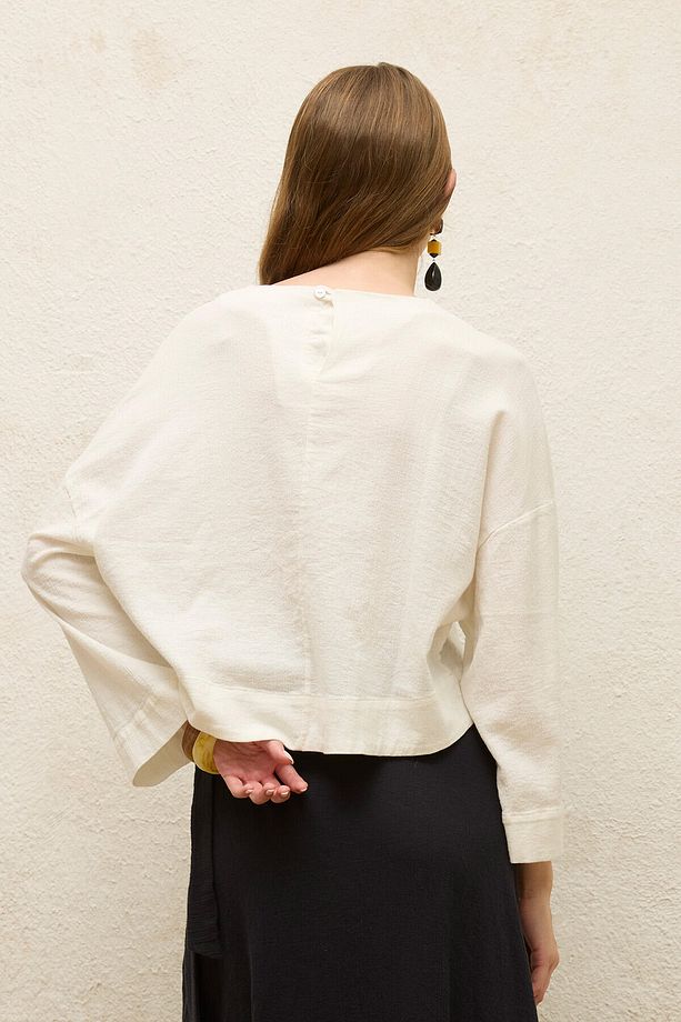 PAMUKLU GENİŞ KOL CROP BLUZ EKRU - 7