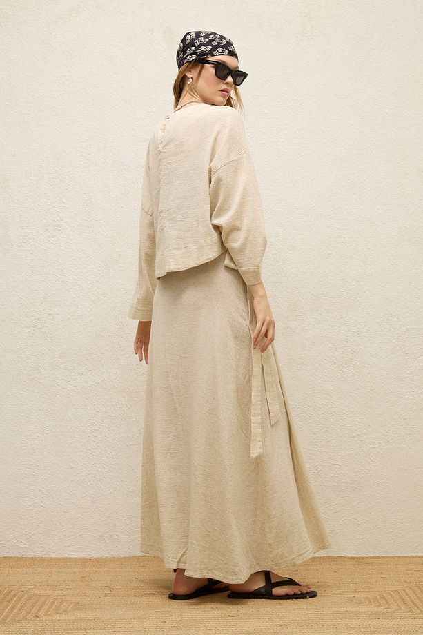 PAMUKLU GENİŞ KOL CROP BLUZ NATURAL - 6