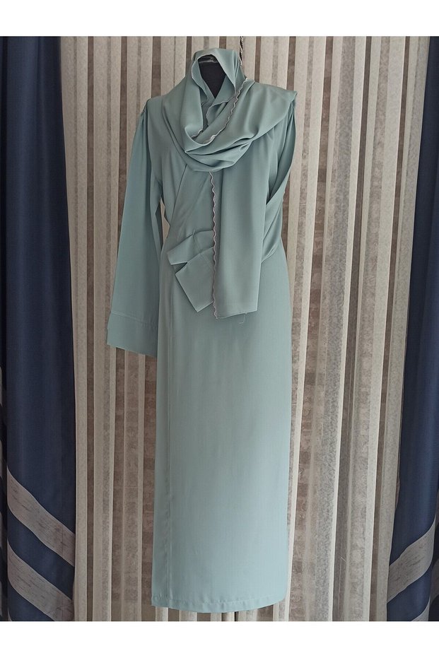Medina Silk Embroidered Tie-Up Prayer Dress+Shawl, Silk Morning Gowns, Dowry Prayer Dress