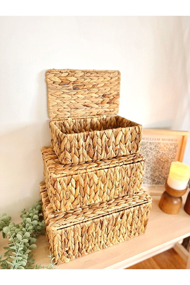 منظم/سلة بغطاء مستطيلة متوسطة الحجم من ويكر - 4