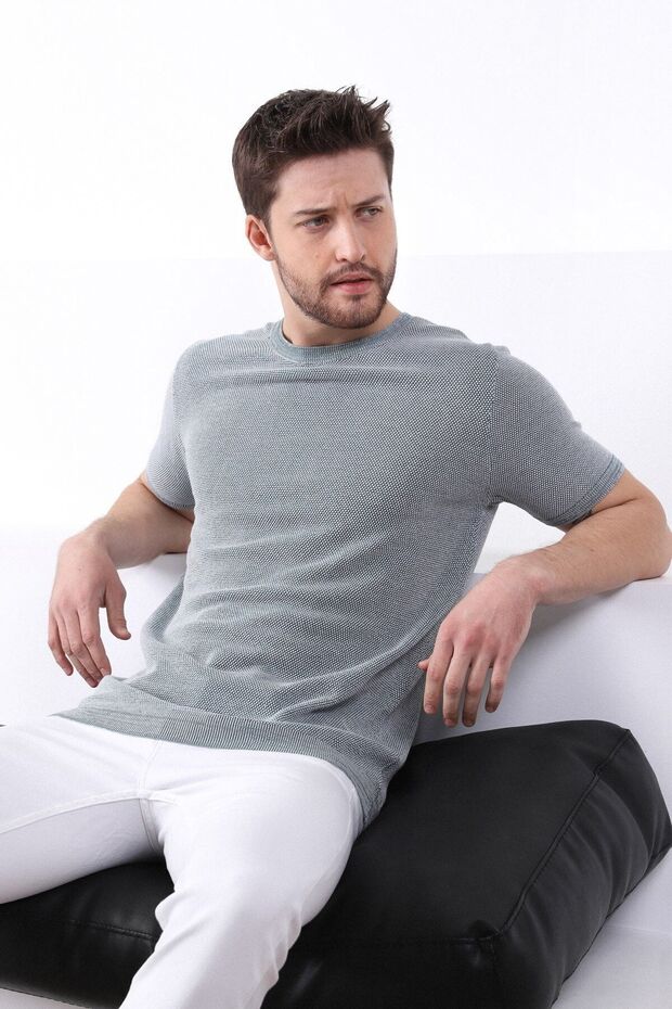 Green/ecru Eyelet Patterned Crew Neck 100% Cotton Men's Knitwear T-shirt