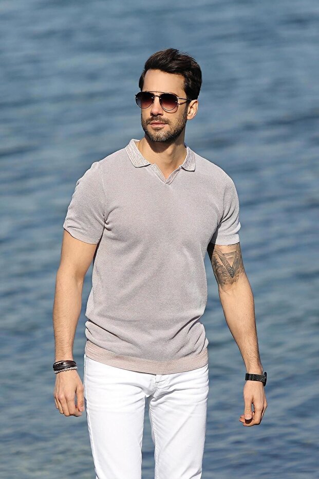 A.Beige/White Eyelet Patterned Polo Collar 100% Cotton Men's Knitwear T-Shirt