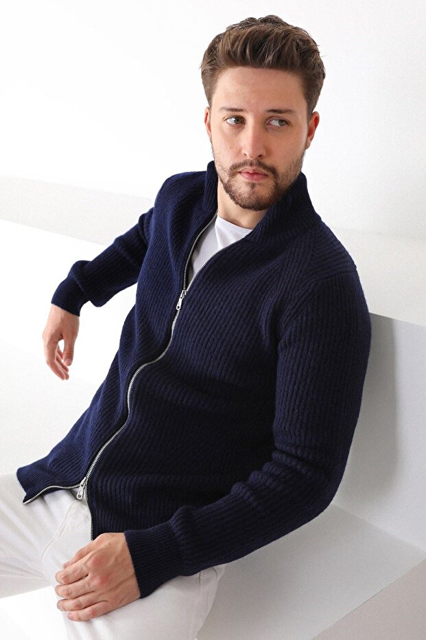 Men's Navy Blue Double Zippered Knitwear Cardigan