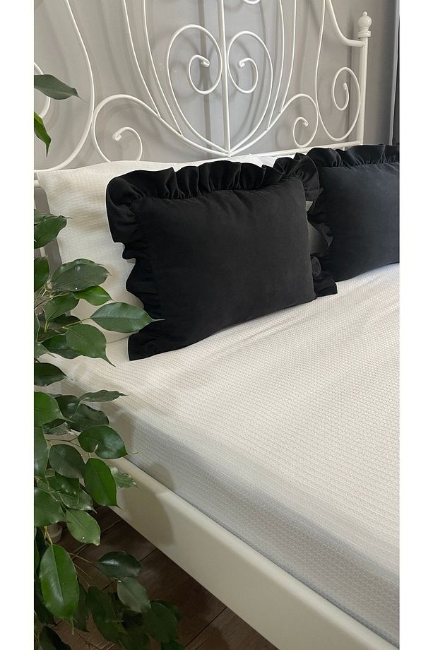 Siyah Fırfırlı Yatak Runner Kırlent Seti Yatak Şalı Yatak Örtüsü Set Çift Kişilik - 6