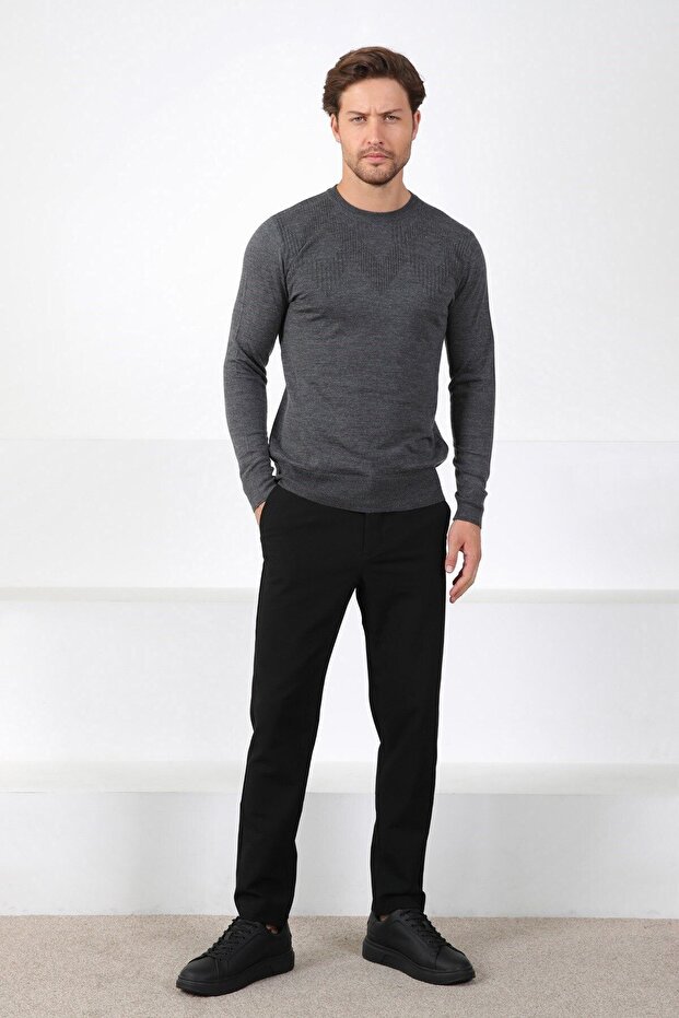 Antrasit Bisiklet Yaka Superfine Yün Erkek Triko Kazak - 5
