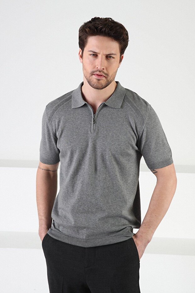 Grey Zippered Polo Collar 100% Cotton Men's Knitwear T-shirt