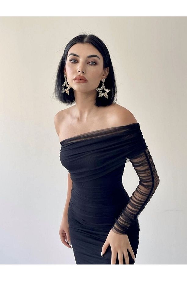 - Siyah Tek Omuz Tül Drapeli Elbise - 4