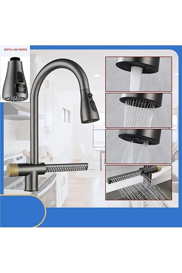 Kitchen Sink Faucet with Waterfall New Design Digital LED Fountain Anthracite Gray