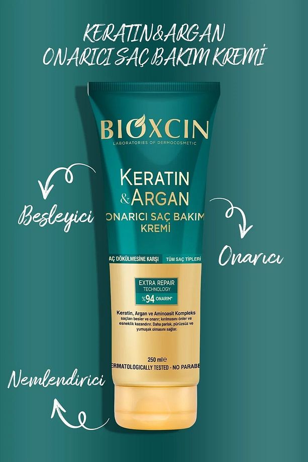 Keratin & Argan Onarıcı Şampuan 300ml + Keratin Argan Saç Bakım Yağı + Saç Kremi+Onarıcı SıvıYağ - 3