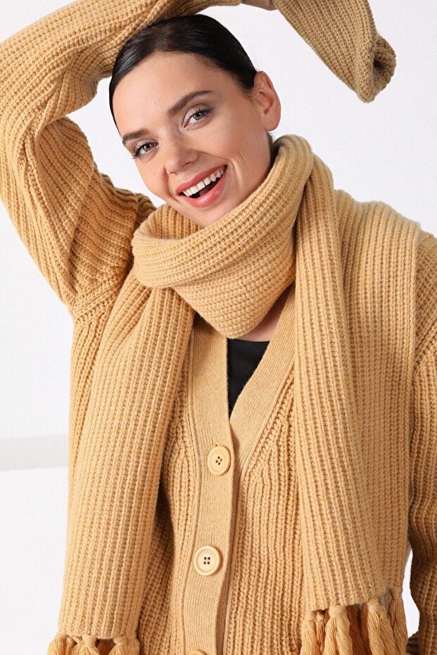 Women's Light Beige Honey Merino Wool Scarf Beanie Set