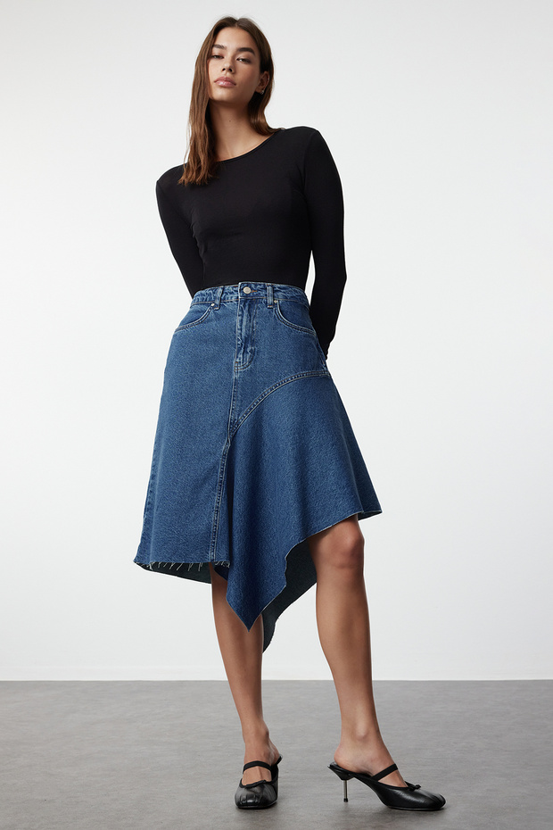 Mavi Dikiş Detaylı Asimetrik Yüksek Bel Midi Denim Etek TWOAW25ET00012 - 5