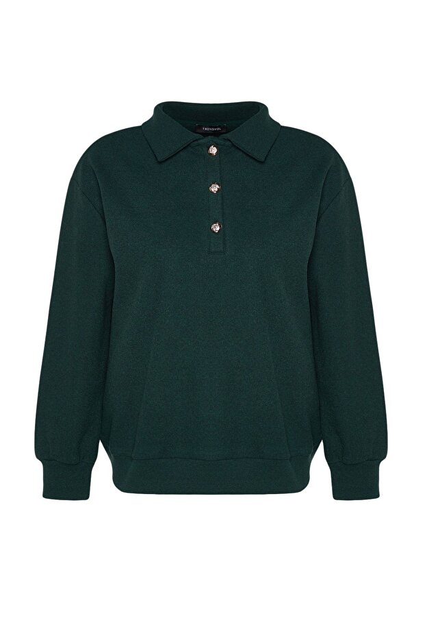 Dark Emerald Green Thessaloniki/Knitwear Look Regular Fit Buttoned Knitted Sweatshirt TWOAW24SW00143 - 7