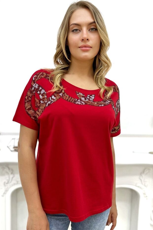 Loose Fit Leopard Crystal Stone Large Size Red Stylish Comfortable Women's T-shirt