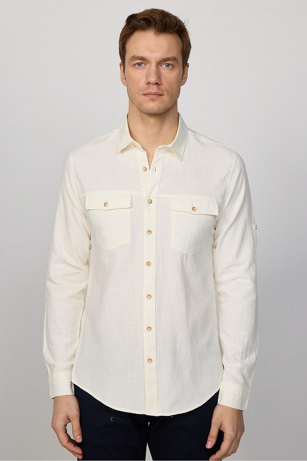 Erkek Slim Fit Dar Kesim Uzun Kollu %100 Pamuk Keten Doku Çift Cep Spor Yaka Beyaz Gömlek - 4