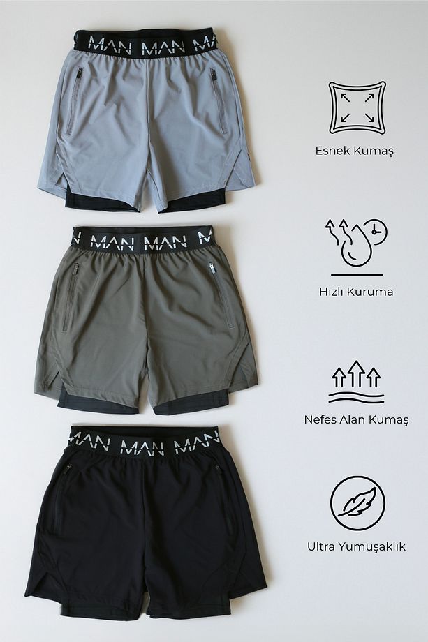 |3 Lü Paket| Unisex Gym Ve Fitness Astarlı Taytlı Şort Yazılı Lastik - 1