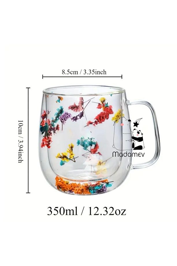 6'lı Çift Çidarlı Flower Cup Çiçekli El Yapımı Borosilikat Bardak 350 ml Kulplu Kahve Sunum Bardağı - 2