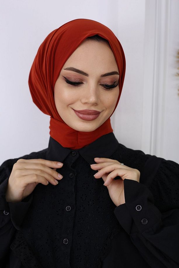 Tesettür Kadın Çıtçıtlı Hijap Bone Hazır Türban Şal _Kiremit - 3