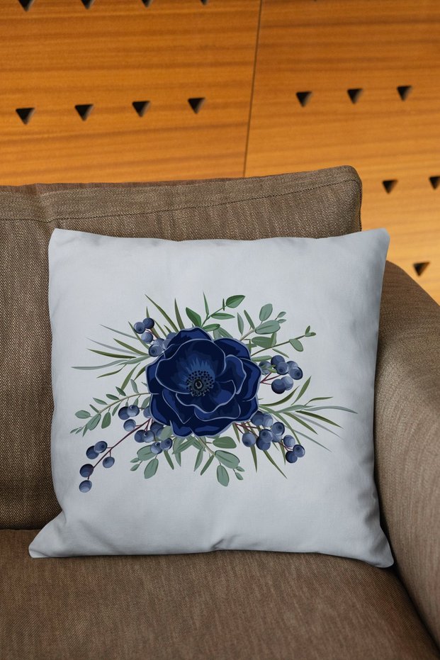 Nature Themed Floral Patterned Digital Printed Throw Pillow Cover in Blue and White Colors
