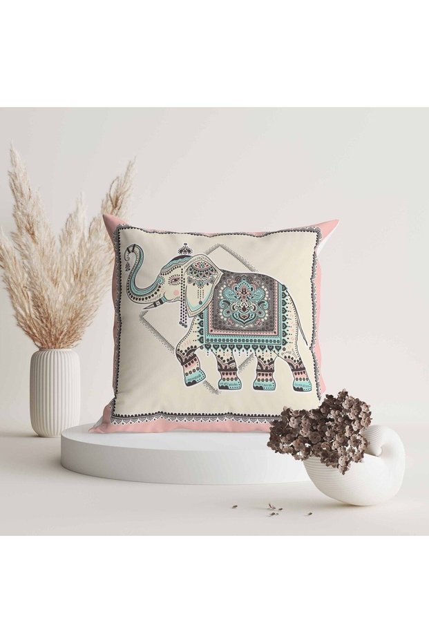 Elephant Patterned Pink Cream Colored Digital Printed Throw Pillow Cover