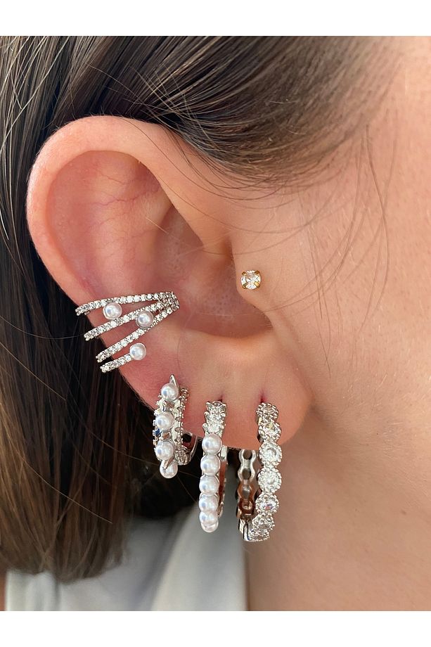 Top İncili 4 Sıra Taşlı Kadın Earcuff Kıkırdak Küpe - 2