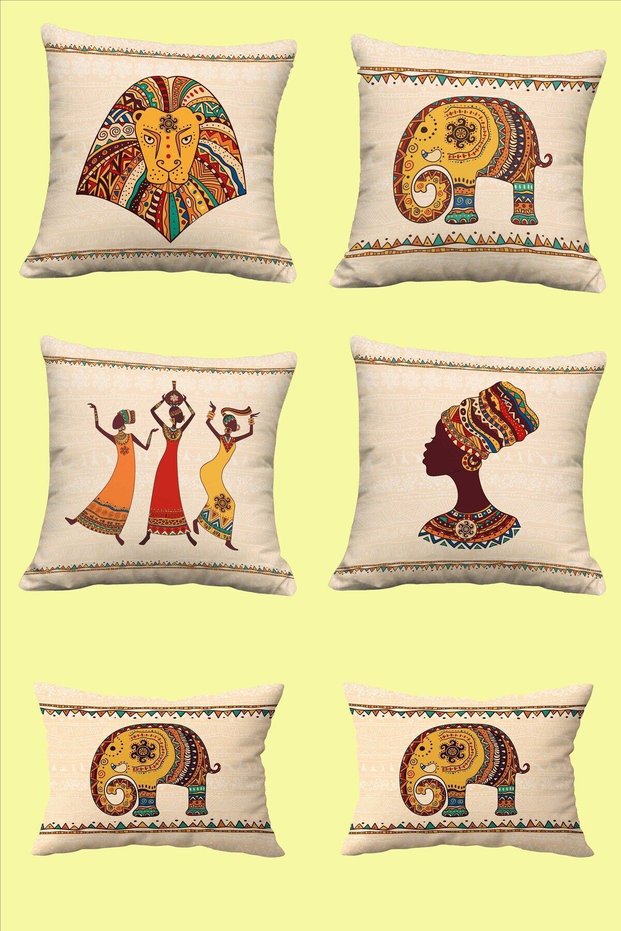 African Themed Elephant Woman and Lion Figured 6-Piece Throw Pillow Cover 30x50 Set