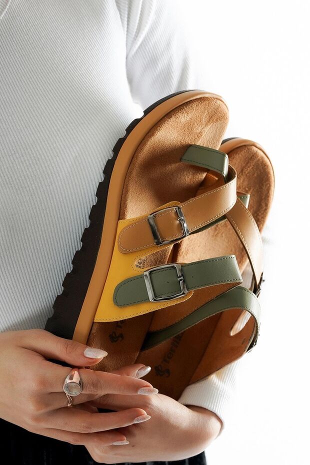 Women's Khaki Flip Flops Buckle Slippers