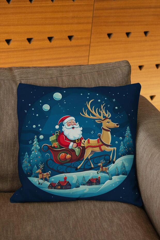 New Year's Themed Blue and White Colored Digital Printed Throw Pillow Cover with Deer and Santa Claus Figure