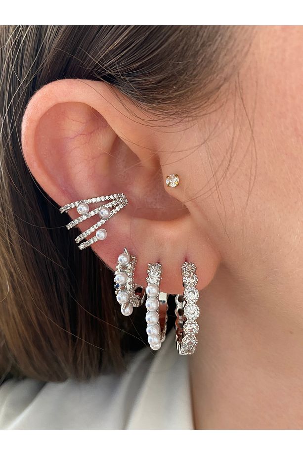 Top İncili 4 Sıra Taşlı Kadın Earcuff Kıkırdak Küpe - 6