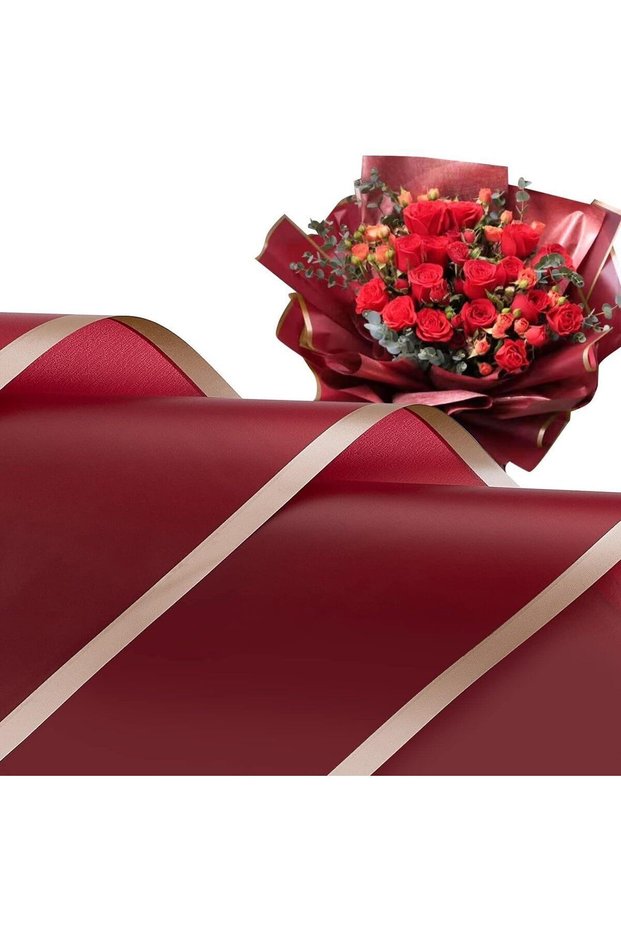 Flower Bouquet Paper - Flower Wrapping Paper - Burgundy - Gold Edged - Matte Opp 58X58 cm - 20 Pieces