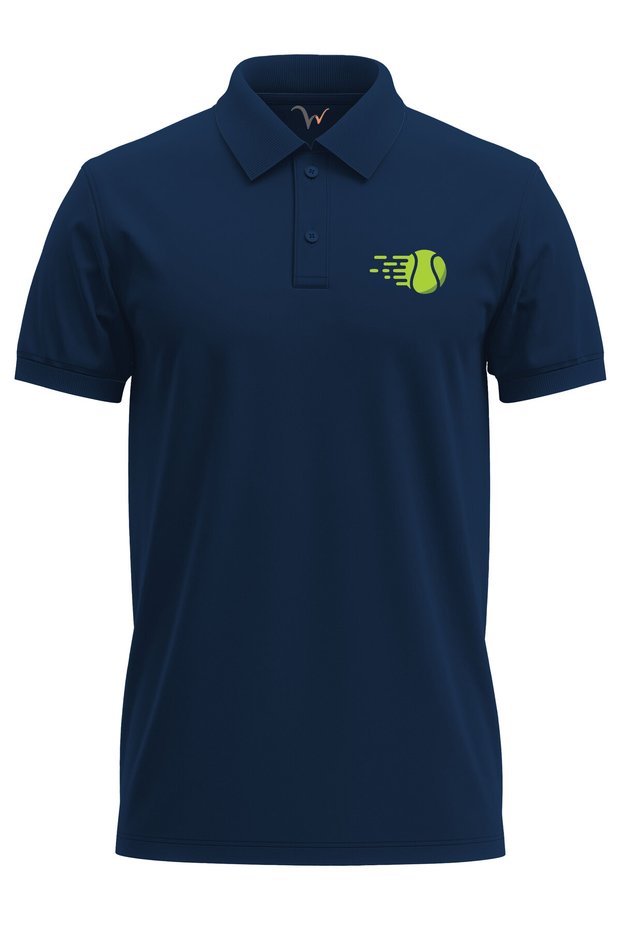 Court Tennis Ball Racket Printed Minimal Regular Fit 100% Cotton Polo Neck Navy Blue T-Shirt