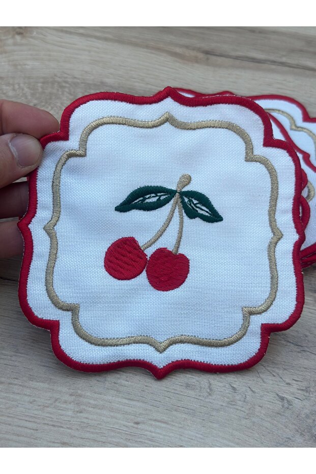 6lı Kirazlı Dantelli Örme Peçetelik - 5