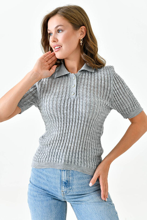 Women's knitted grey button-down blouse with braided hair design and short sleeves - style 23070