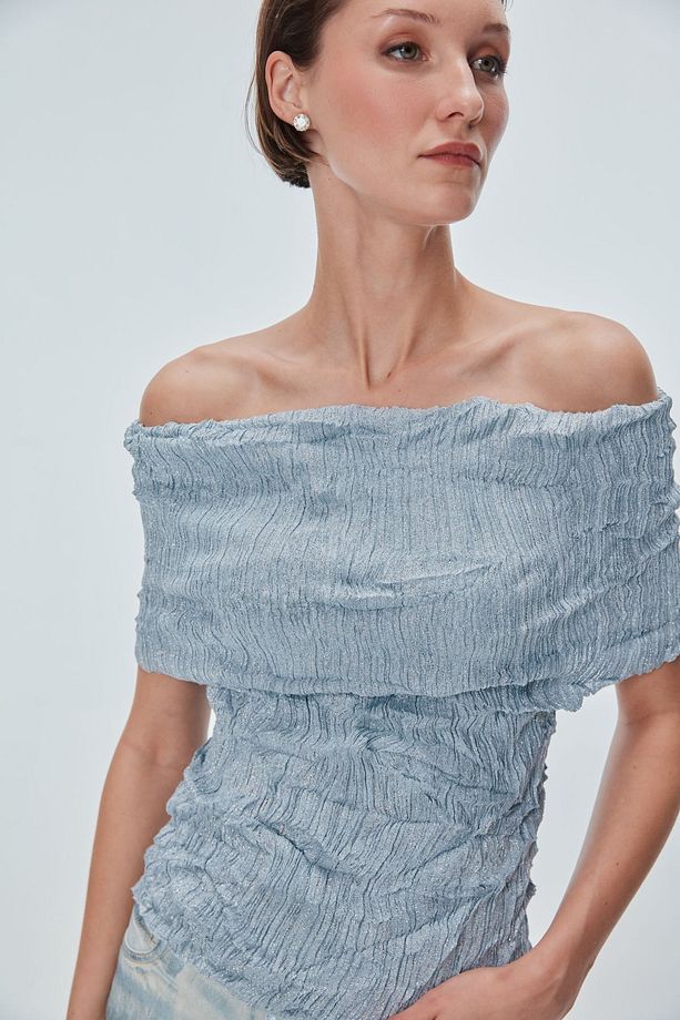Bardot Yaka Simli Kırışık Model Bluz - 4