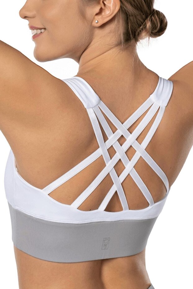 White Gray High Support Covered Sports Bra with Back Detail