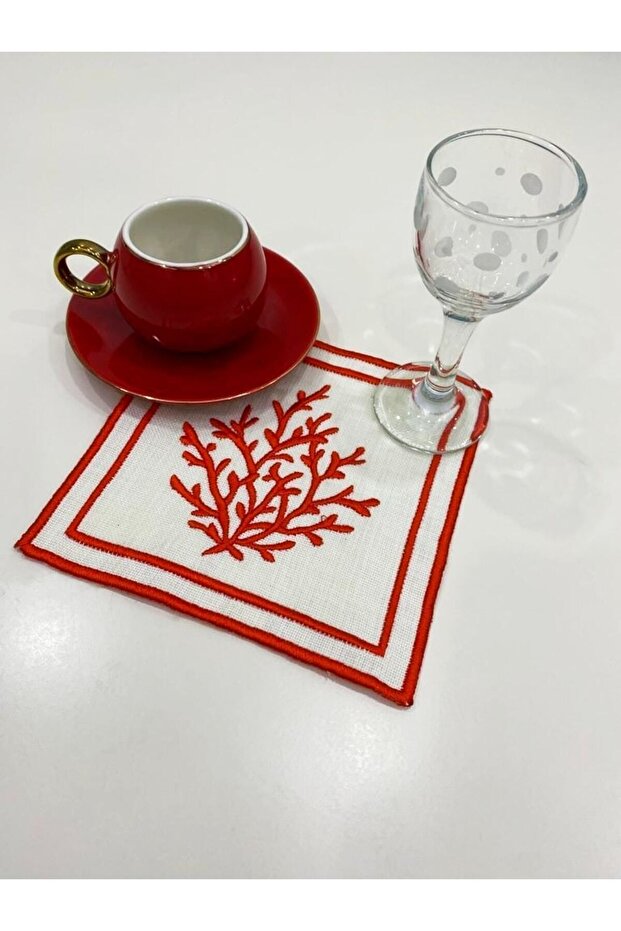 6 Pieces of Linen Fabric Coral Pattern Embroidered Coffee Side Cocktail Napkin & Coasters