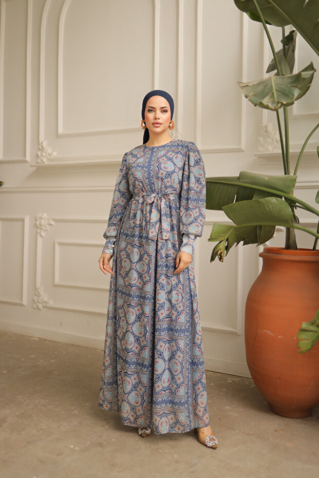 Square Patterned Chiffon Dress with Sleeve Cuffs