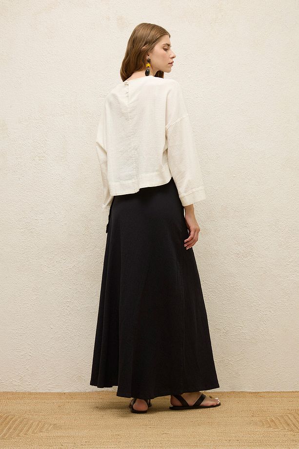 PAMUKLU GENİŞ KOL CROP BLUZ EKRU - 8